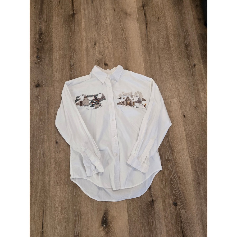 Woolrich Womens White Cotton Embroidered Winter Christmas Village Shirt Medium